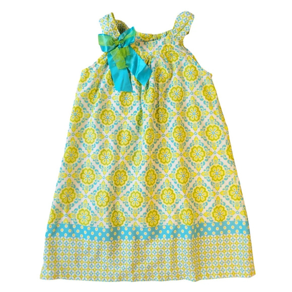 Bonnie Jean 100% Cotton Green Blue Floral Print Sleeveless Dress w/ Bow Girls 6 - Picture 1 of 7